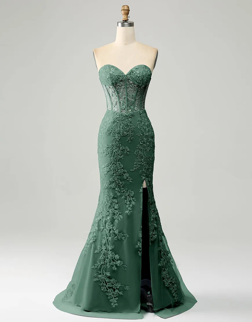Wholesale Dark Green Mermaid Sweetheart Lace Up Long Prom Dress With Appliques prom dresses shops